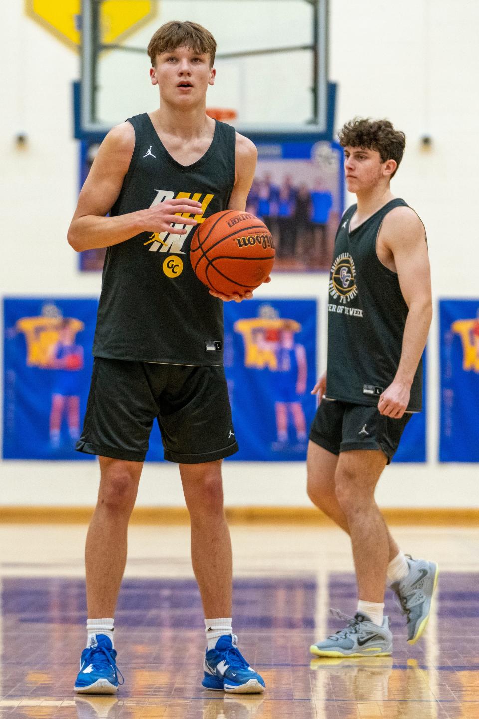 Braylon Mullins takes foul shots, Tuesday, Feb. 14, 2023, during practice at Greenfield Central High School.