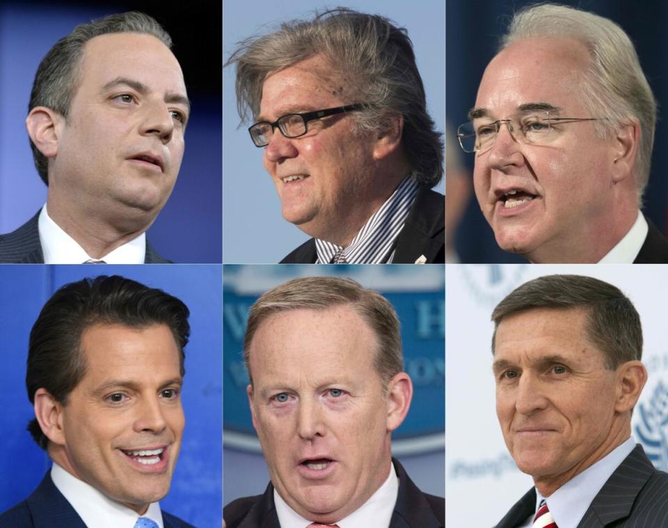 Top, left to right: Reince Priebus, Steve Bannon and Tom Price; bottom, left to right: Anthony Scaramucci, Sean Spicer and Michael Flynn. (Photos: Mike Theiler,Jim Watson, Micholas Kamm, Chris Kleponis/AFP/Getty Images)