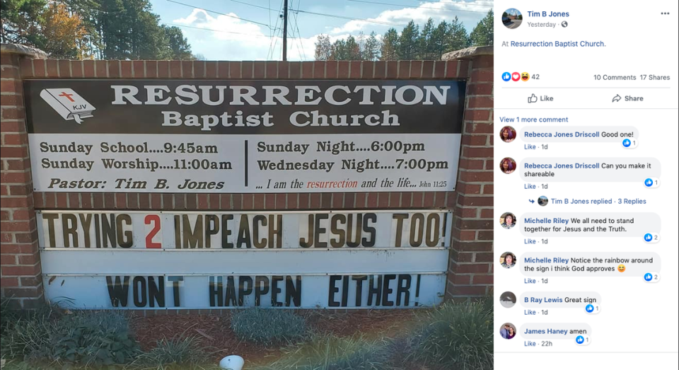 A sign outside a church in North Carolina reading ‘Trying to impeach Jesus, too!” is stirring debate, but the pastor says it’s not about Trump.