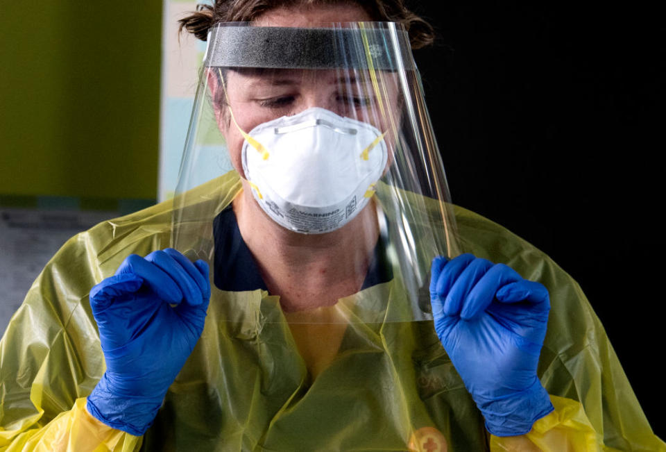 A nurse working at St Vincents Hospital's new Covid-19 testing clinic at East Sydney Community and Arts Centre, Darlinghurst on 17th April 2020. (Photo Louise Kennerley via Getty)