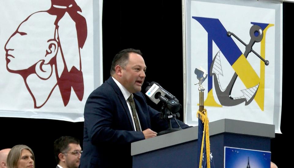 Toms River Schools Superintendent Mike Citta speaks during the "pep rally" to honor Christine Girtain, the state's Teacher of the Year, at the RWJ Barnabas Health Arena at Toms River High School North Monday, October 17, 2022.