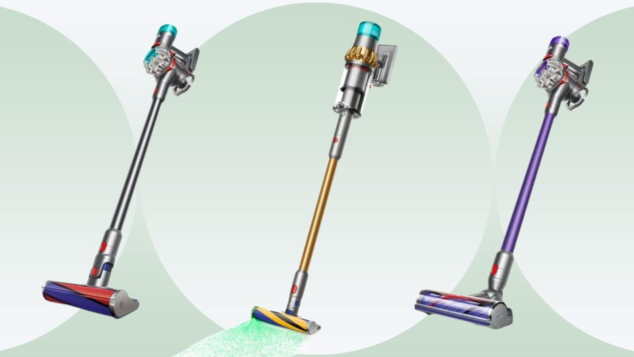 three dyson cordless stick vacuums on a green background. 