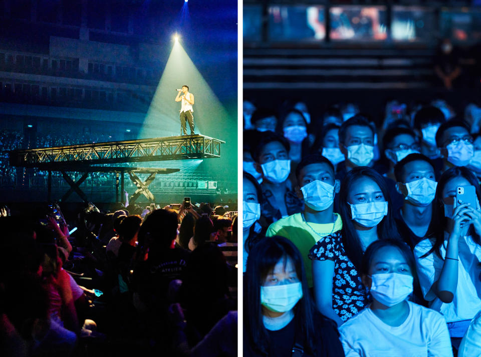 Left: Chou sings on an extended platform that rotated above concertgoers. Right: Attendees watch the live show from their seats, in masks<span class="copyright">An Rong Xu for TIME</span>