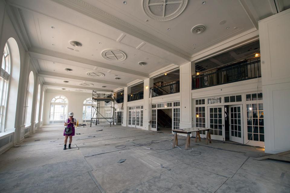 The Yorktowne Hotel ballroom takes shape with paint removed from the windows and the ceiling finished. The hotel is slated to open this fall after major renovations.