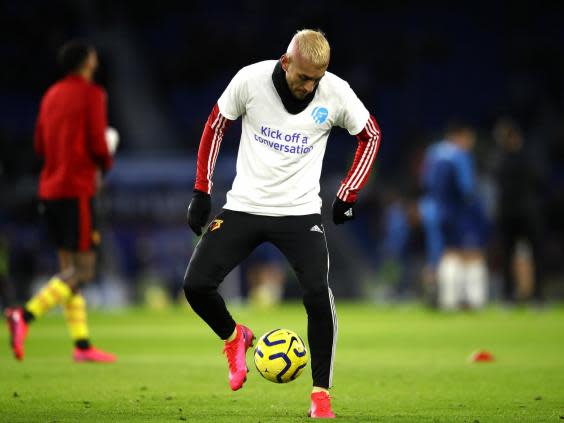 Watford’s Roberto Pereyra wears a ‘Heads Up’ shirt raising awareness around mental health (Getty)