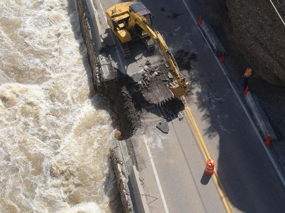 Heavy machinery is used to start repairing part of state Route 39 through Ogden Canyon that was washed away on Thursday, May 11, 2023. | Utah Department of Transportation