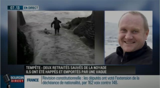 Local mechanic Eric Roudaut, pictured left, is also a spear fisher and was strong enough in the water to help save the elderly couple. Photo: Twitter/ @JJBourdin_RMC