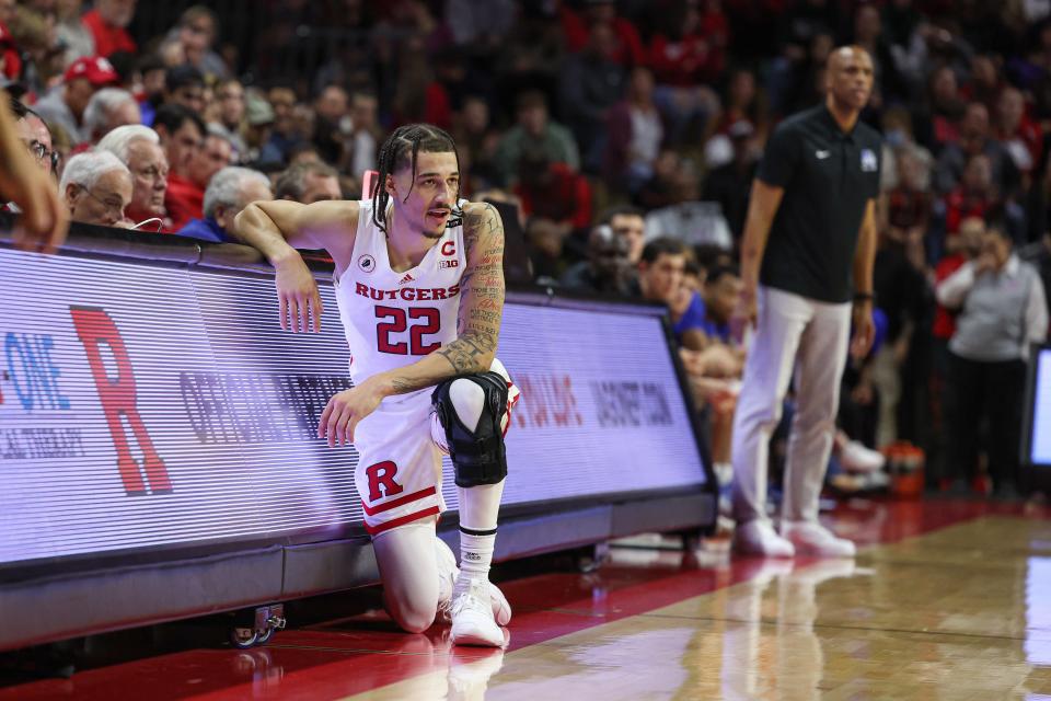 Rutgers Scarlet Knights guard Caleb McConnell (22) waits to enter the game during the first half against the Central Connecticut State Blue Devils at Jersey Mike's Arena.