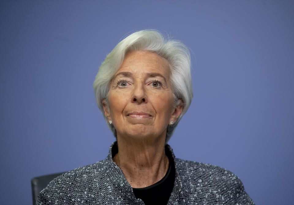 President of European Central Bank Christine Lagarde looks up prior to a press conference following a meeting of the ECB governing council in Frankfurt, Germany, Thursday, March 12, 2020. (AP Photo/Michael Probst)