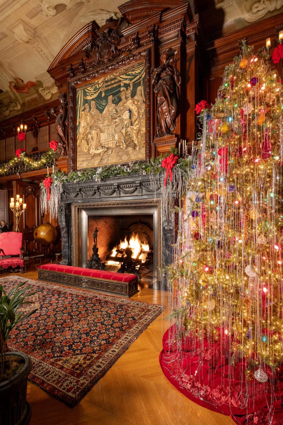 In honor of Hallmark Channel having filmed "A Biltmore Christmas" at Biltmore Estate, the Library in Biltmore House is dressed in the classic style of the movie's 1940s-era setting, including a Christmas tree with dramatic cascades of silver-sequined tinsel.