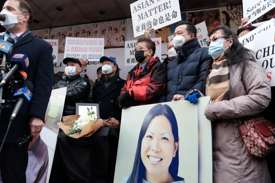 Chinatown residents join New York community and business leaders for a rally on Jan. 20, 2022 to denounce recent acts of violence against Asian Americans.