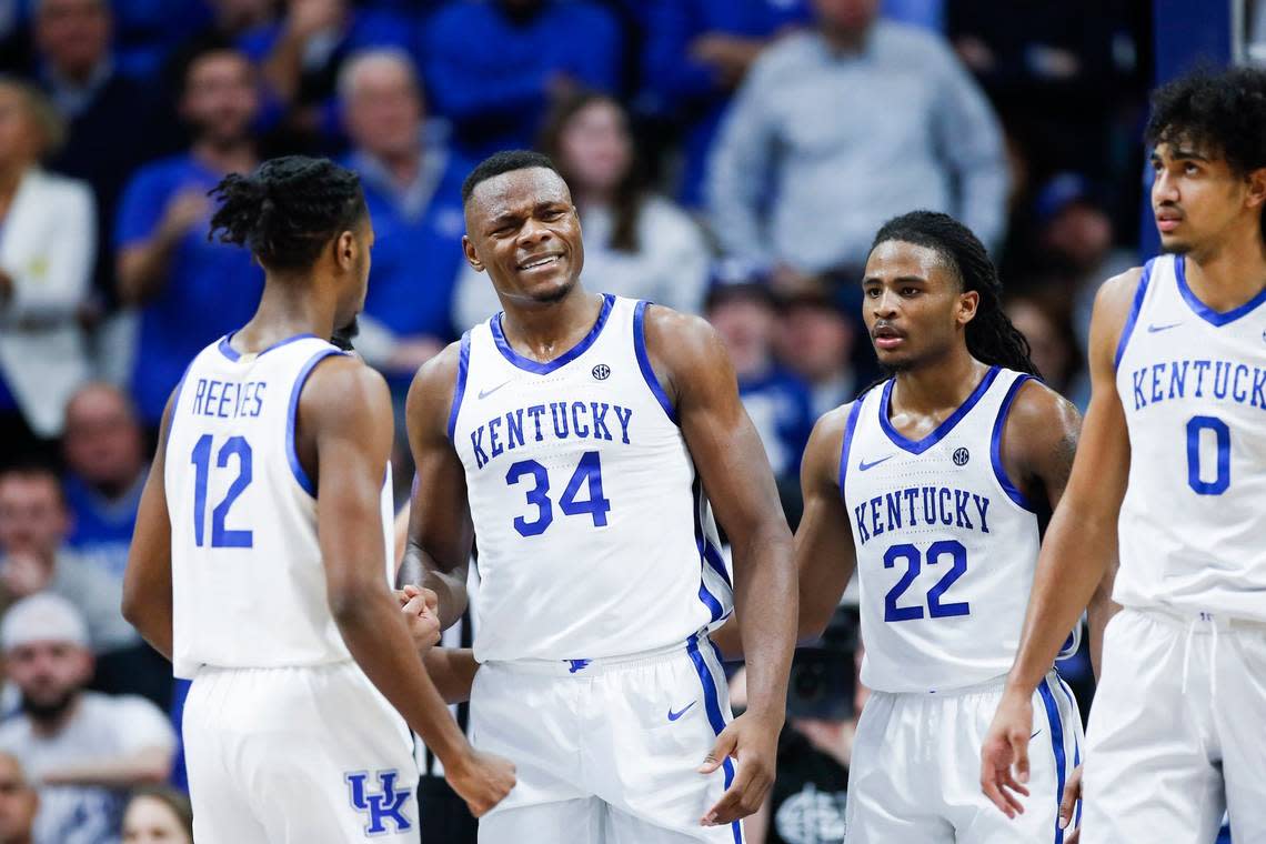 Oscar Tshiebwe (34) has been targeted by opposing coaches this season because of his inconsistent defense but remains Kentucky’s leading scorer and rebounder.
