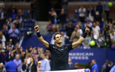 Nadal celebrates his victory over Juan Martin Del Potro in the semi-final - Credit: Anadolu Agency/Getty Images