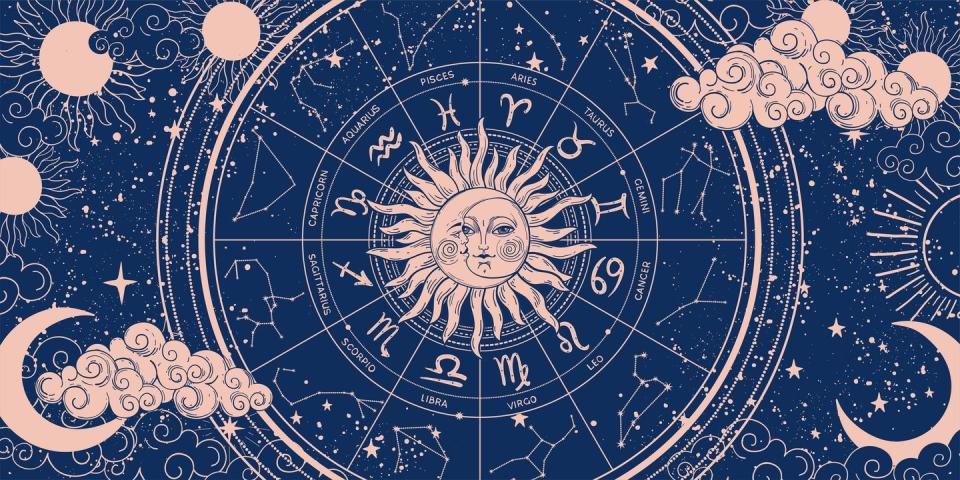 zodiac wheel on blue background with moon and sun, astrology banner with 12 zodiac signs mystical horoscope vector pattern, magical esoteric universe illustration, esoteric hand drawing