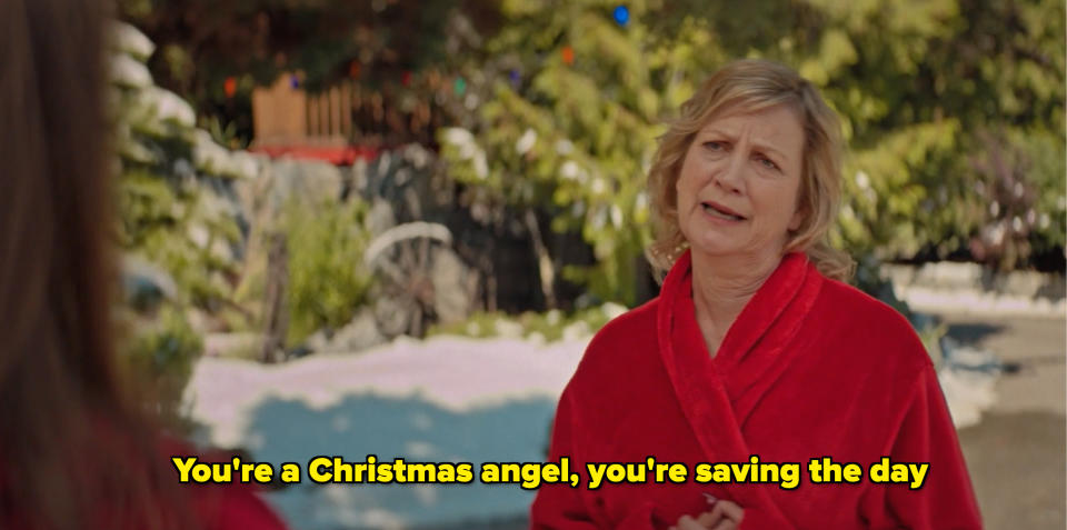 mom in robe says: you're a christmas angel, you're saving the day