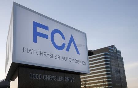 A new Fiat Chrysler Automobiles sign is pictured after being unveiled at Chrysler Group World Headquarters in Auburn Hills, Michigan May 6, 2014. REUTERS/Rebecca Cook