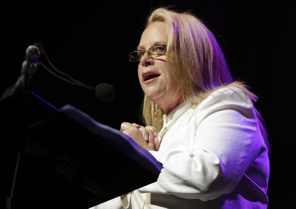 Mary Chapin Carpenter speaks during her induction into the Nashville Songwriters Hall of Fame on Sunday, Oct. 7, 2012, in Nashville, Tenn. (AP Photo/Mark Humphrey)