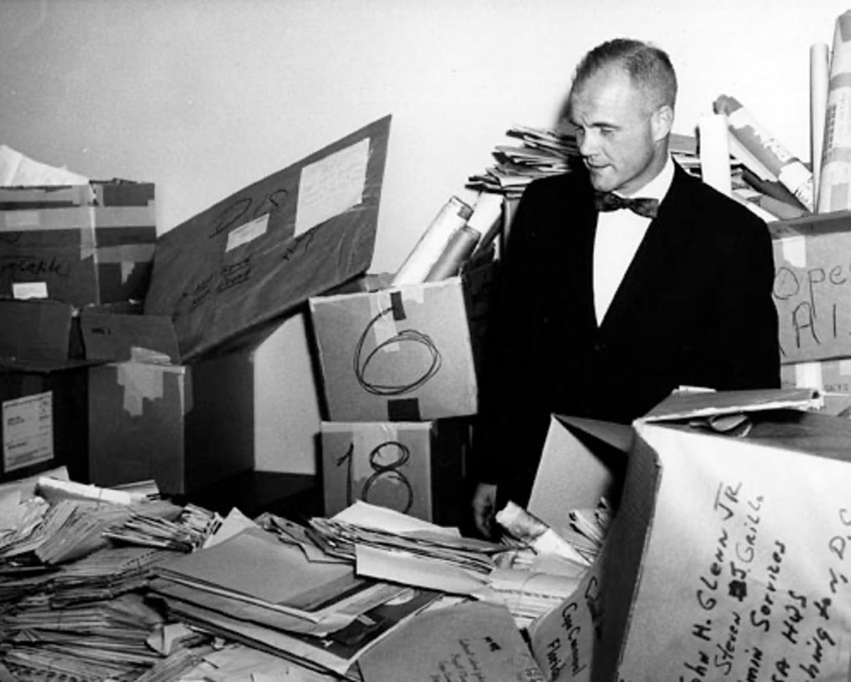 <span class="caption">Glenn, in the NASA mailroom, received letters from fans of all ages.</span> <span class="attribution"><a class="link " href="https://kb.osu.edu/handle/1811/50581" rel="nofollow noopener" target="_blank" data-ylk="slk:John Glenn Archives, The Ohio State University;elm:context_link;itc:0;sec:content-canvas"><span class="caas-xray-inline-tooltip"><span class="caas-xray-inline caas-xray-entity caas-xray-pill rapid-nonanchor-lt" data-entity-id="John_Glenn" data-ylk="cid:John_Glenn;pos:1;elmt:wiki;sec:pill-inline-entity;elm:pill-inline-text;itc:1;cat:OfficeHolder;" tabindex="0" aria-haspopup="dialog"><a href="https://search.yahoo.com/search?p=John%20Glenn" data-i13n="cid:John_Glenn;pos:1;elmt:wiki;sec:pill-inline-entity;elm:pill-inline-text;itc:1;cat:OfficeHolder;" tabindex="-1" data-ylk="slk:John Glenn;cid:John_Glenn;pos:1;elmt:wiki;sec:pill-inline-entity;elm:pill-inline-text;itc:1;cat:OfficeHolder;" class="link ">John Glenn</a></span></span> Archives, The Ohio State University</a>, <a class="link " href="http://creativecommons.org/licenses/by-nd/4.0/" rel="nofollow noopener" target="_blank" data-ylk="slk:CC BY-ND;elm:context_link;itc:0;sec:content-canvas">CC BY-ND</a></span>