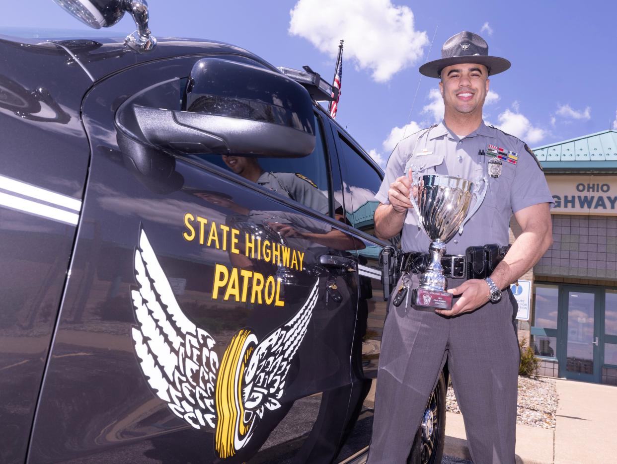Ohio State Highway Patrol trooper Evan M. Hill, who works at the Canton post, has been recognized as the 2023 Ohio State Highway Patrol State Trooper of the Year. His father won the award in 1999.