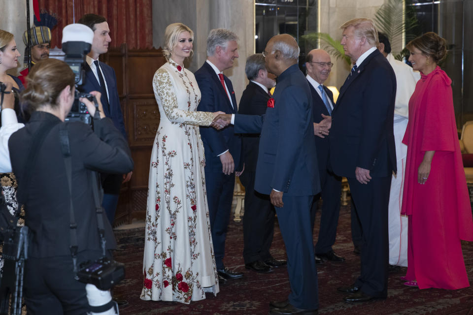 White House Senior Adviser Jared Kushner and his wife Ivanka Trump, the daughter and assistant to President Donald Trump, are greeted by Indian President Ram Nath Kovind during a state banquet with first lady Melania Trump at right, at Rashtrapati Bhavan, Tuesday, Feb. 25, 2020, in New Delhi, India. (AP Photo/Alex Brandon, Pool)