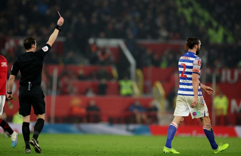 Reading’s Andy Carroll looks dejected after being shown a red card (REUTERS)