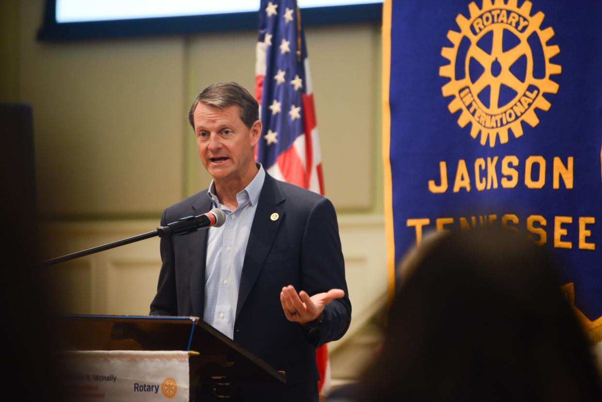 Tennessee Department of Economic and Community Development Commissioner Stuart McWhorter speaks during a Jackson Rotary Club Meeting inside First Methodist Church in Jackson, Tenn., on Wednesday, April 18, 2024.