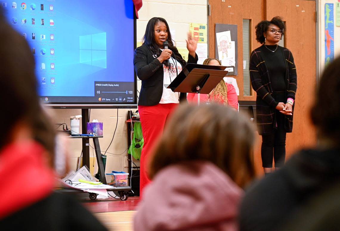 Warner Robins Mayor LaRhonda Patrick speaks to students at Pearl Stephens Elementary Wednesday morning during a Black History Month assembly in the school’s gym.