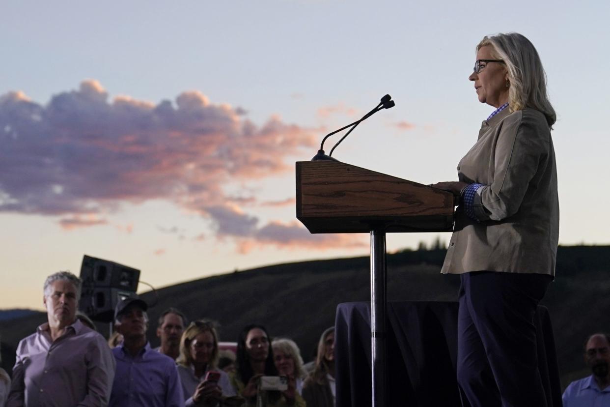 Rep. Liz Cheney, R-Wyo., speaks Tuesday at a primary Election Day gathering at Mead Ranch in Jackson, Wyo. Cheney lost to challenger Harriet Hageman in the primary.