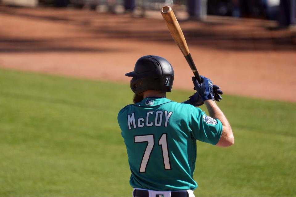 Feb 25, 2023; Peoria, Arizona, USA; Seattle Mariners shortstop Mason McCoy (71) bats against the Los Angeles Angels during the third inning at Peoria Sports Complex. Mandatory Credit: Joe Camporeale-USA TODAY Sports