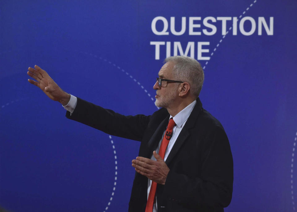 Labour Party Leader Jeremy Corbyn, speaks during a BBC Question Time live debate, in Sheffield, England, Friday, Nov. 22, 2019. ( Jeff Overs/BBC via AP)