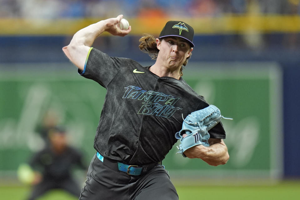 Tampa Bay Rays starting pitcher Ryan Pepiot delivers to the New York Mets during the first inning of a baseball game Sunday, May 5, 2024, in St. Petersburg, Fla. (AP Photo/Chris O'Meara)