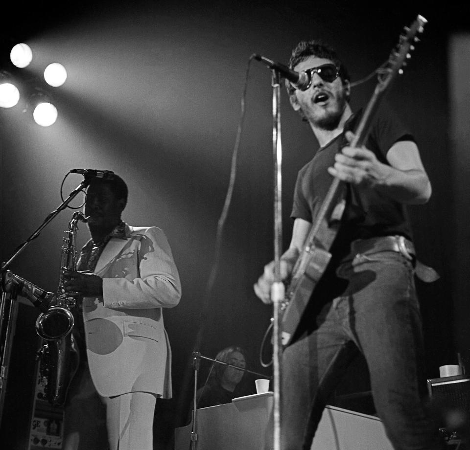 Bruce Springsteen on stage with saxophonist Clarence Clemons at the Allen Theatre in Cleveland on Feb. 1, 1974.