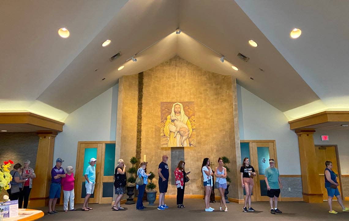 A line of voters wrapped around the lobby of St. Elizabeth Ann Seton. The wait time was 20 minutes