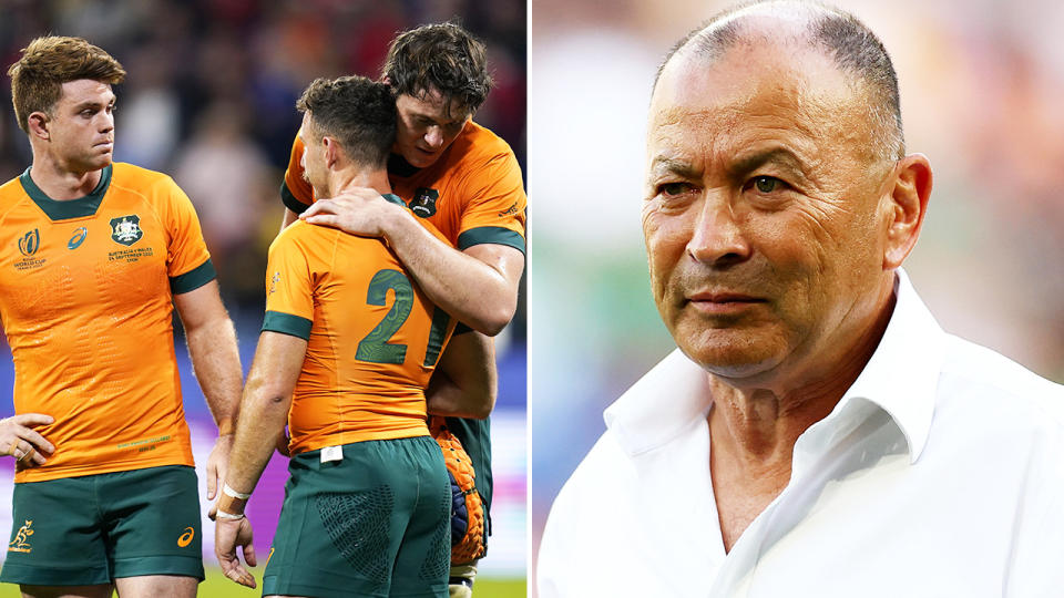 Eddie Jones, pictured here alongside Wallabies players at the Rugby World Cup.