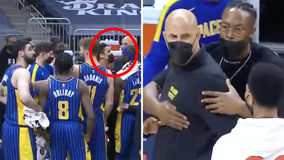 Indiana Pacers assistant coach Greg Foster and center Goga Bitadze had to be separated after an ugly confrontation during their blowout loss to the Sacramento Kings on Thursday. Pictures: Bally Sports Indiana