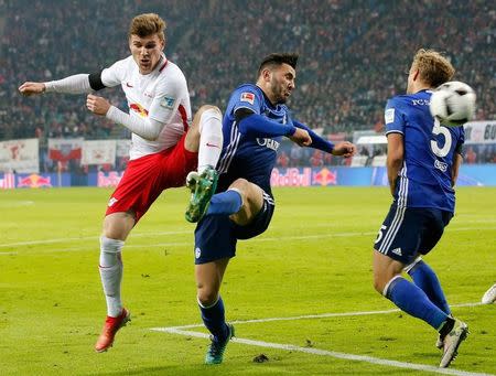 Football Soccer - RB Leipzig v - FC Schalke 04 - German Bundesliga - Red Bull Arena, Leipzig, Germany - 03/12/16 - FC Schalke 04's Sead Kolasinac and Johannes Geis in action against RB Leipzig's Marcel Halstenberg. REUTERS/Fabrizio Bensch