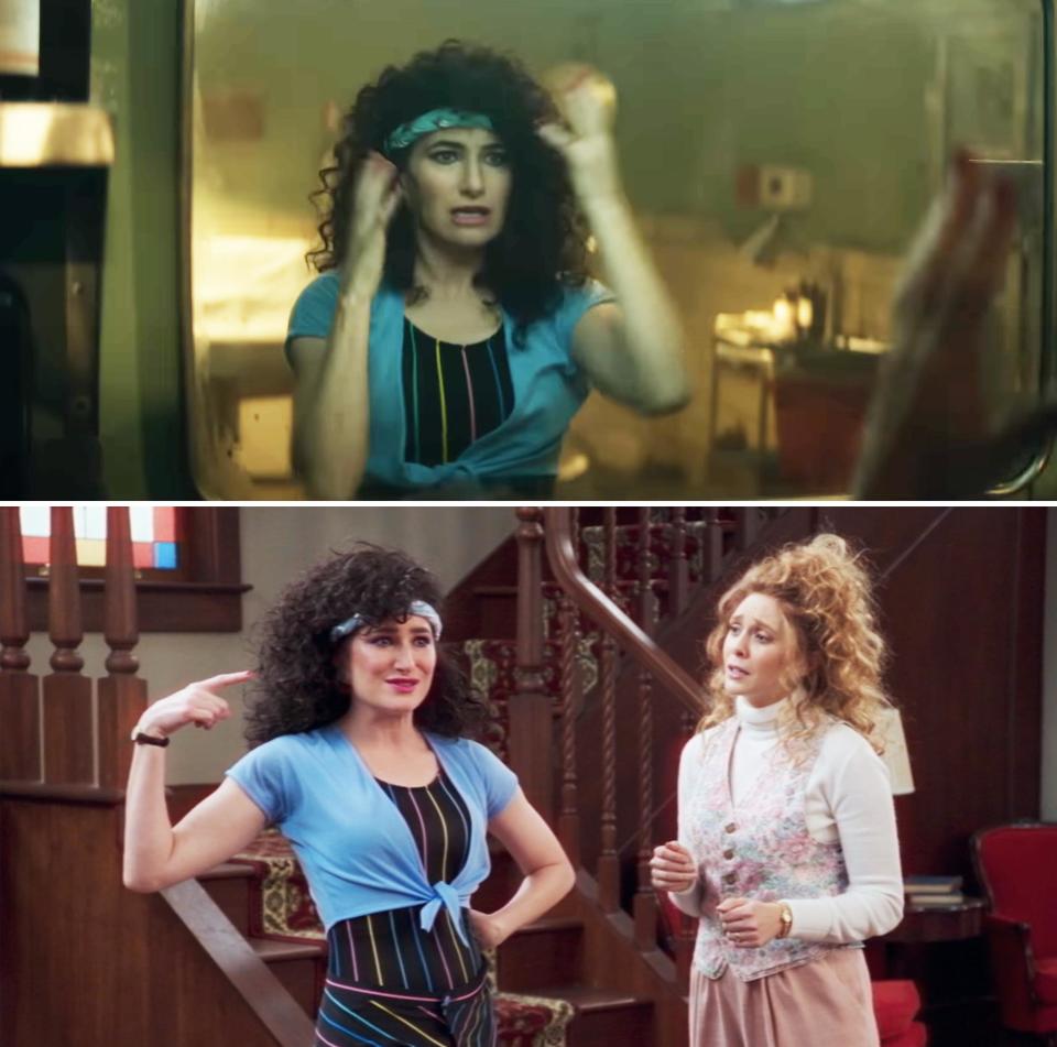 Top: Kathryn Hahn in an 80's workoutcostume looking into a mirror. Bottom: Kathryn Hahn (left) and Elizabeth Olsen (right) in 1980s-themed outfits in a TV scene