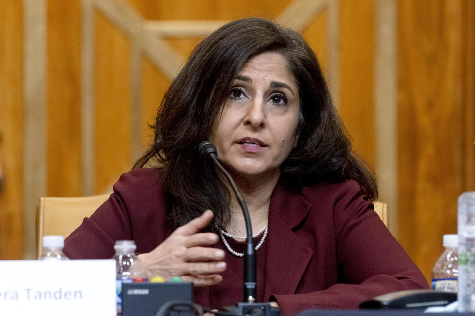 FILE - In this Feb. 10, 2021 file photo, Neera Tanden, President Joe Biden's nominee for Director of the Office of Management and Budget (OMB), testifies during a Senate Committee on the Budget hearing on Capitol Hill in Washington. Moderate Republican Sen. Susan Collins of Maine says she'll vote against confirming President Joe Biden’s nomination of Neera Tanden to lead the White House Office of Management and Budget. Collins' announcement Monday throws Tanden's confirmation further into doubt. On Friday, Sen. Joe Manchin of West Virginia became the first Democratic lawmaker to oppose Tanden’s confirmation. (AP Photo/Andrew Harnik, Pool)