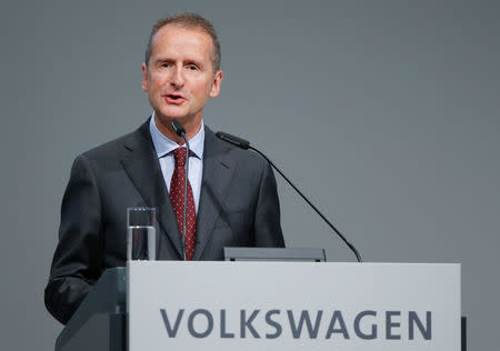 FILE PHOTO: Herbert Diess, Volkswagen's new CEO, speaks during the Volkswagen Group's annual general meeting in Berlin, Germany, May 3, 2018. REUTERS/Axel Schmidt