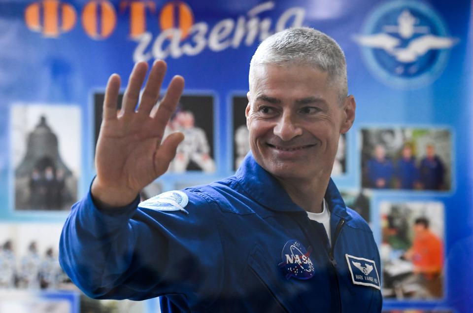 A member of the International Space Station (ISS) expedition 53/54, US astronaut Mark Vande Hei gestures after a press conference at the Russian-leased Baikonur cosmodrome in Kazakhstan on September 11, 2017.
The launch of the Soyuz MS-06 with the members of the International Space Station (ISS) expedition 53/54, US astronauts Joseph Akaba and Mark Vande Hei and Russia's cosmonaut Alexander Misurkin is scheduled for early September 13 local time from the Russian-leased Kazakh Baikonur cosmodrome. / AFP PHOTO / Kirill KUDRYAVTSEV        (Photo credit should read KIRILL KUDRYAVTSEV/AFP via Getty Images)