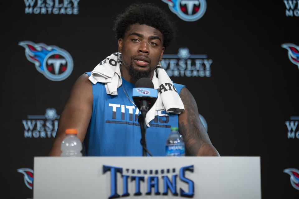 Tennessee Titans wide receiver Treylon Burks responds to questions from reporters at the NFL football team's training facility, Tuesday, May 16, 2023, in Nashville, Tenn. (AP Photo/George Walker IV)