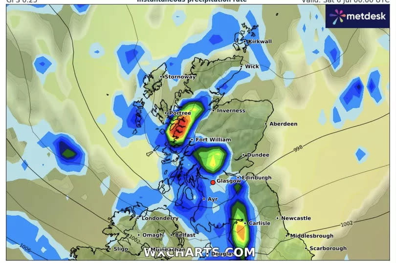 The WXCharts map turns red over the Highlands on Saturday July 6