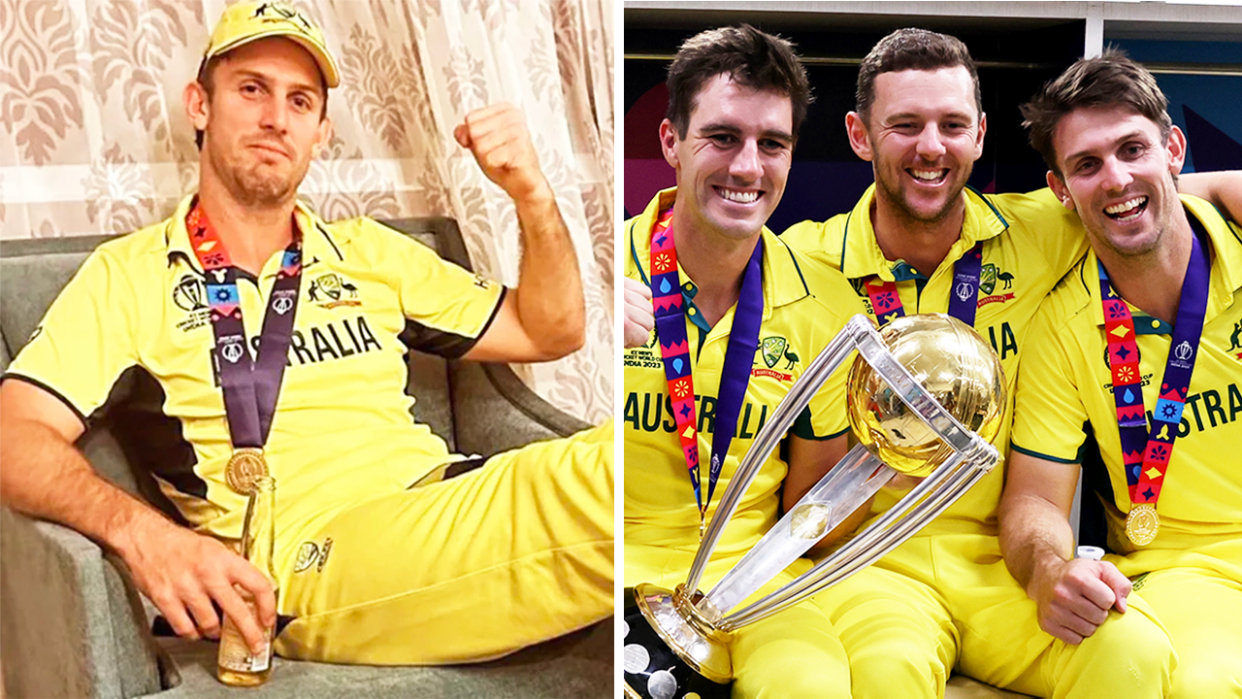 Mitch Marsh celebrates and Pat Cummins, Josh Hazlewood and Mitchell Marsh hold the World Cup trophy.