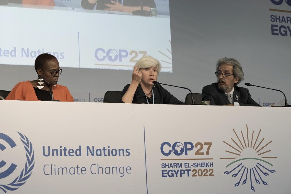 From right, WWF Global Climate and Energy Leader Manuel Pulgar-Vidal, Laurence Tubiana is CEO of the European Climate Foundation (ECF), and Wanjira Mathai Vice President and Regional Director for Africa, World Resources Institute, speak about ongoing negotiations at COP27 at the COP27 U.N. Climate Summit, Thursday, Nov. 17, 2022, in Sharm el-Sheikh, Egypt. (AP Photo/Nariman El-Mofty)