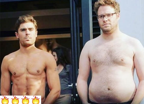 So neighborly: This could be the best pic of Zac’s abs ever — let’s face it, it’s pretty nice — but we just can’t stop staring at Seth Rogen. Only four flames! (Photo: Instagram)