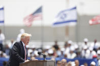 <p>U.S. President Donald J. Trump speaks on the podium after arriving at Ben Gurion Airport in Lod, outside Tel Aviv, Israel, May 22, 2017. Trump arrived for a 28-hour visit to Israel and the Palestinian Authority areas on his first foreign trip since taking office in January. (Photo: Abir Sultan/EPA) </p>