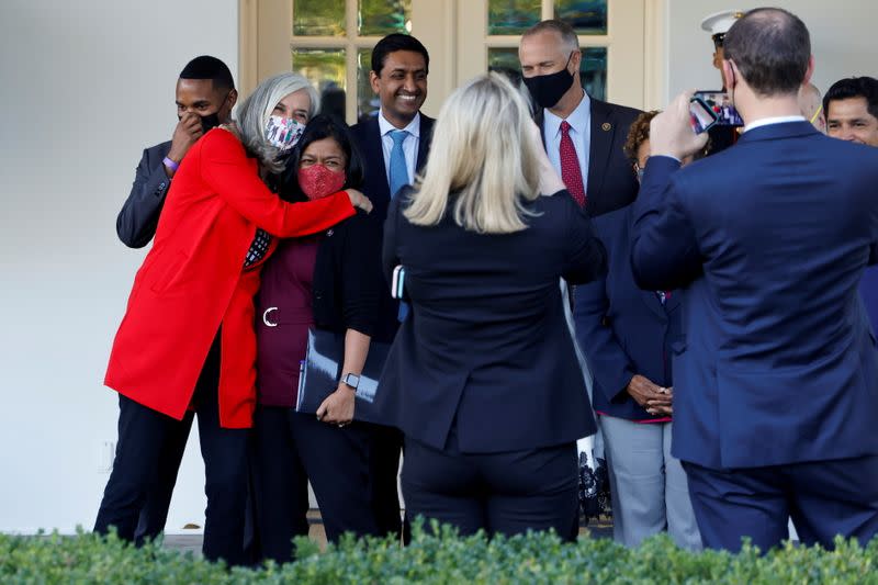 U.S. Rep. Jayapal leads a group of Democratic members of Congress after meeting with Biden on infrastructure at the White House