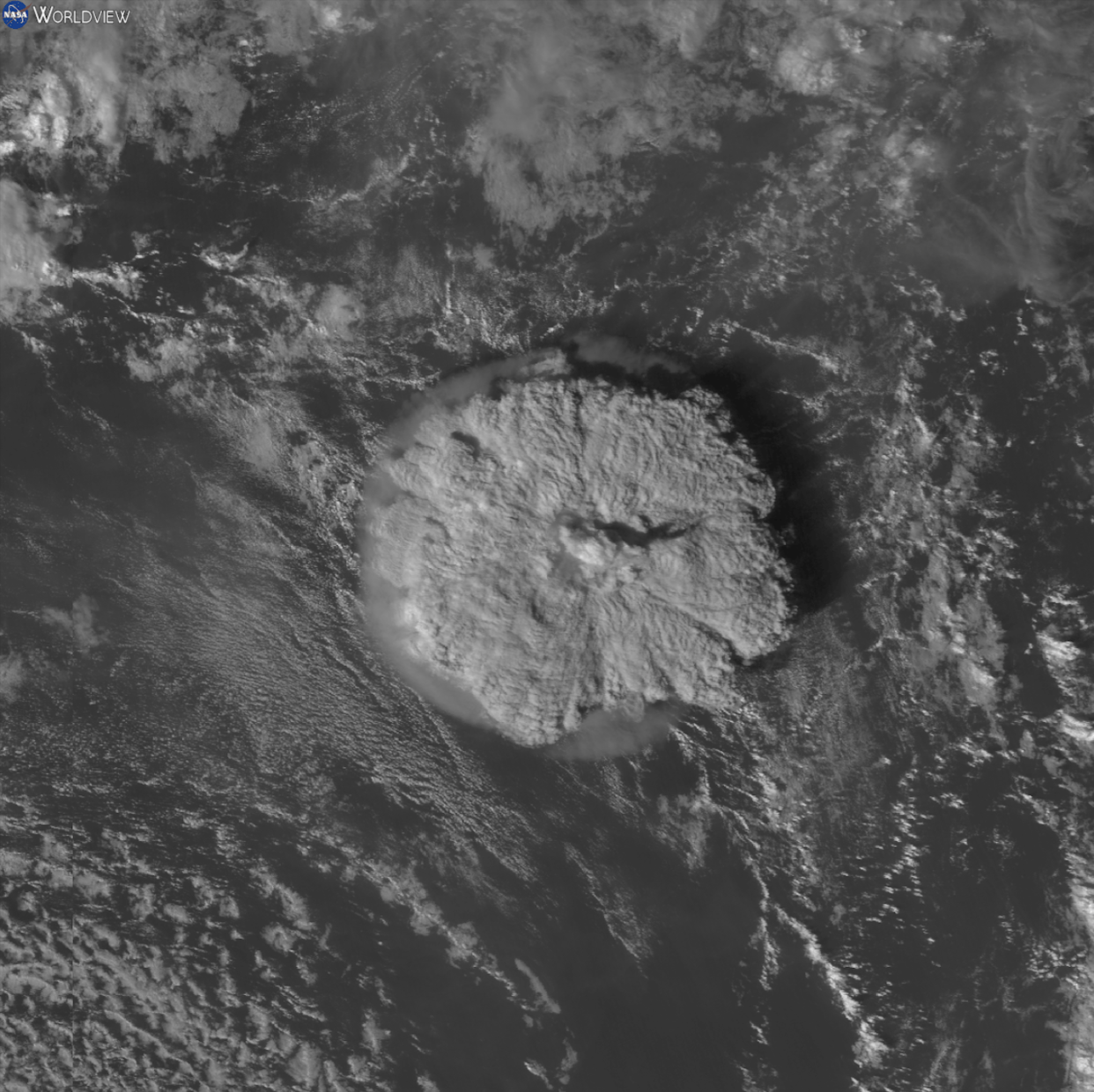 Animation of the 2022 Hunga Tonga eruption recorded on 15 January 2022 by Japan's Himawari-8 weather satellite. This image spans approximately 1,000 kilometres (620 mi) on each side, and the eruption plume is just under 500 kilometres (310 mi) across.