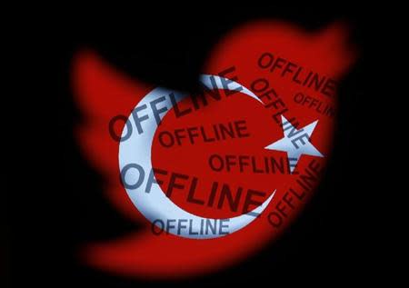 A Turkish national flag with the word 'offline' projected on it, is seen through a Twitter logo in this photo illustration taken in Zenica, March 21, 2014. REUTERS/Dado Ruvic