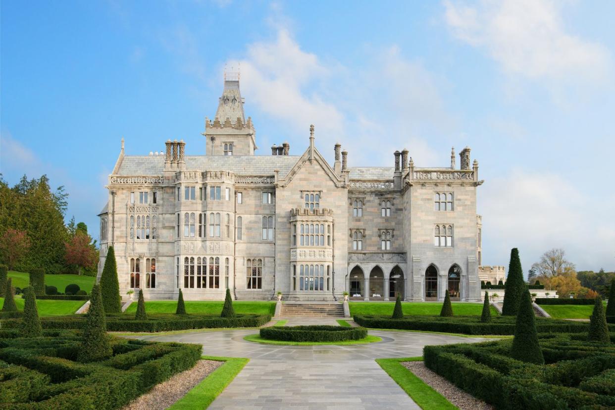 a large stone building with a courtyard